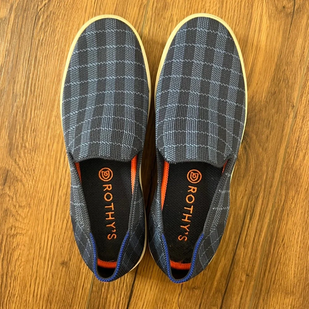 Rothys The Sneaker‎ Navy Windowpane Blue Plaid Slip On Shoes Size 8.5